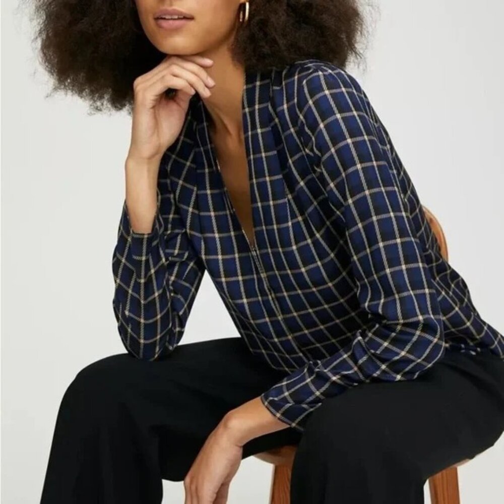 Babaton Power Blouse – Check Print in Navy (Size Small)